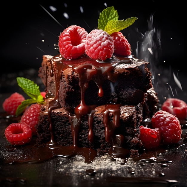 photo brownie au chocolat avec des framboises sur le dessus isolé noir ai génératif