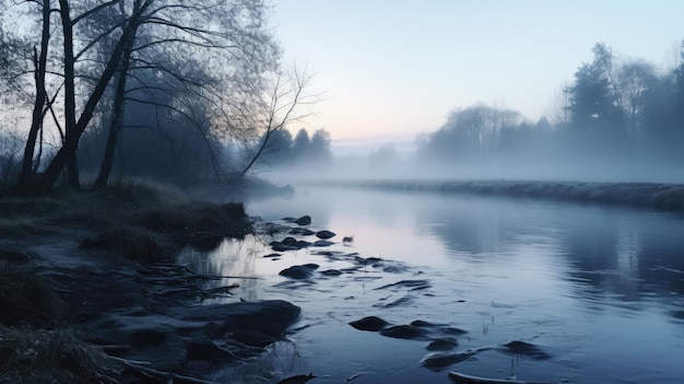 une photo d'une brume du matin sur la rive d'une rivière, une lumière douce de l'aube