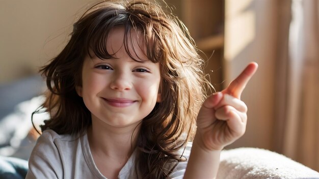 Photo d'une brune satisfaite, une fille caucasienne avec un sourire tendre, satisfaite, indiquant avec l'index.