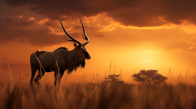 Photo de bubale sur la savane au coucher du soleil