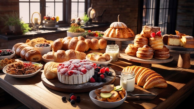 Une photo d'un buffet de petit déjeuner avec des pâtisseries variées