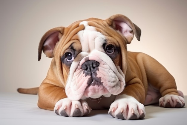 Photo d'un bulldog anglais affectueux avec un sourire réconfortant sur une surface blanche vierge Gene