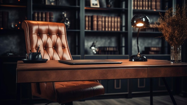 Une photo d'un bureau avec une chaise de bureau en cuir