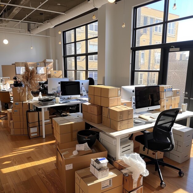 une photo d'un bureau de démarrage recevant des boîtes de marchandises