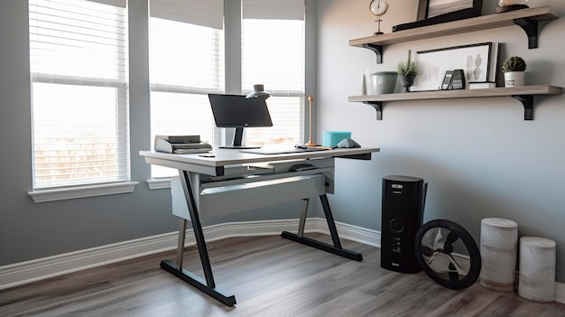 Une photo d'un bureau à domicile productif avec un bureau sur tapis roulant pour un travail actif