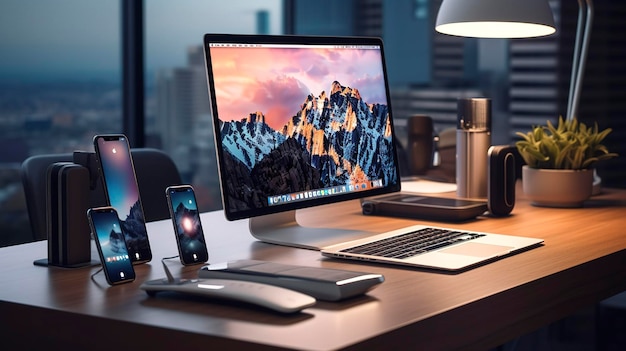 Une photo d'un bureau élégant avec des appareils de bureau modernes