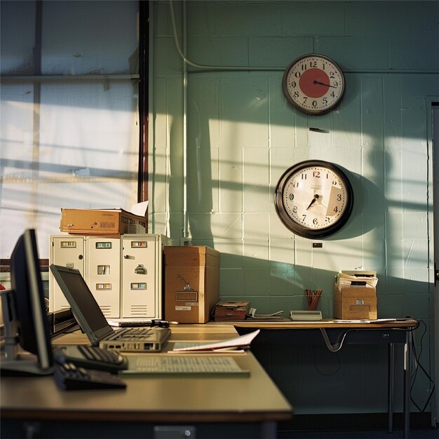 Photo photo d'un bureau avec des horloges dans le mur