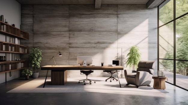 Une photo d'un bureau minimaliste avec des murs en béton intérieurs