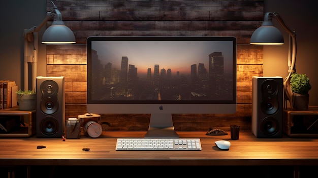 Une photo d'un bureau avec un ordinateur de bureau et des accessoires