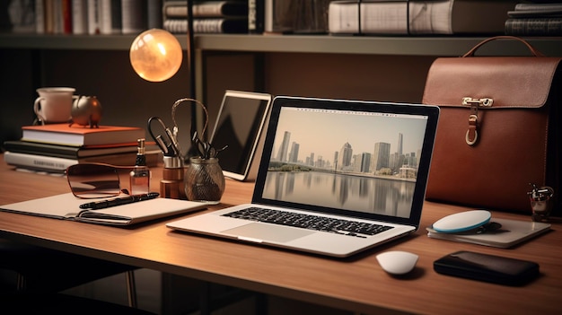 Une photo d'un bureau avec un ordinateur portable et de la papeterie