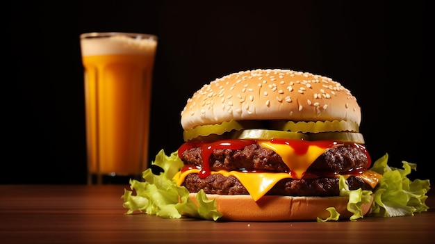 Photo burger et frites frites sauce tomate avec coca ou bière