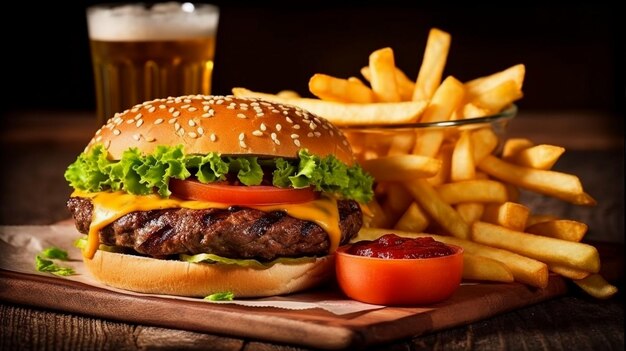photo burger grillé et frites nourriture