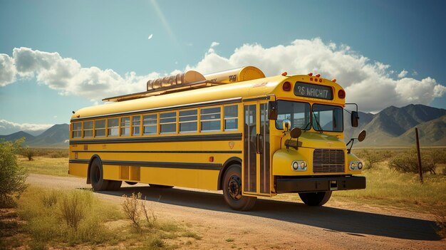 Une photo d'un bus scolaire électrique alimenté par des énergies renouvelables