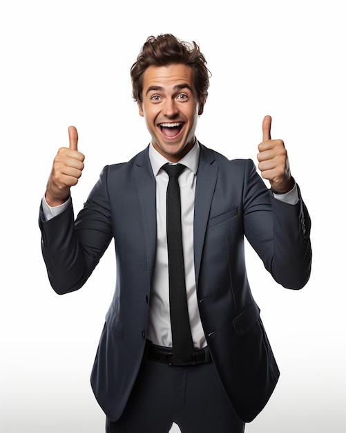 photo business concept portrait d'un homme excité vêtu de vêtements de cérémonie donnant les pouces vers le haut