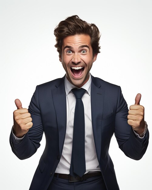 photo business concept portrait d'un homme excité vêtu de vêtements de cérémonie donnant les pouces vers le haut