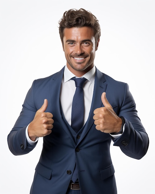 photo business concept portrait d'un homme excité vêtu de vêtements de cérémonie donnant les pouces vers le haut