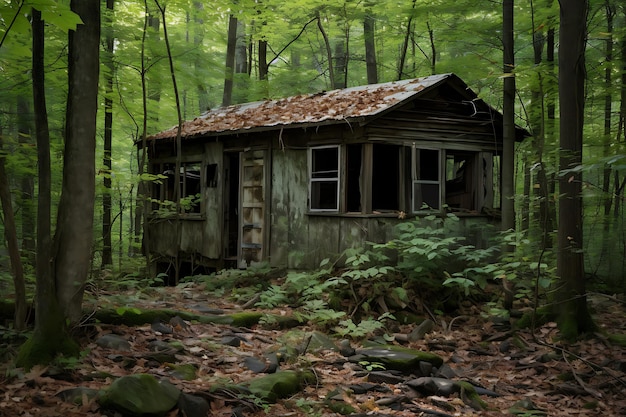 Photo photo d'une cabane abandonnée dans une forêt profonde