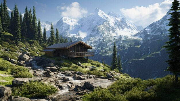 Une photo d'une cabane écologique éloignée nichée dans les montagnes