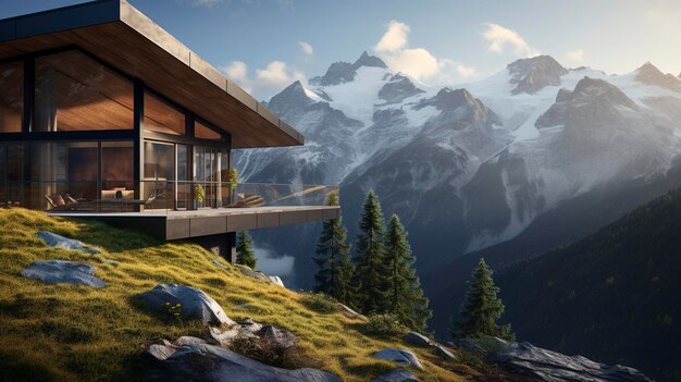 Une photo d'une cabane de montagne élégante dans une vue naturelle alpine douce
