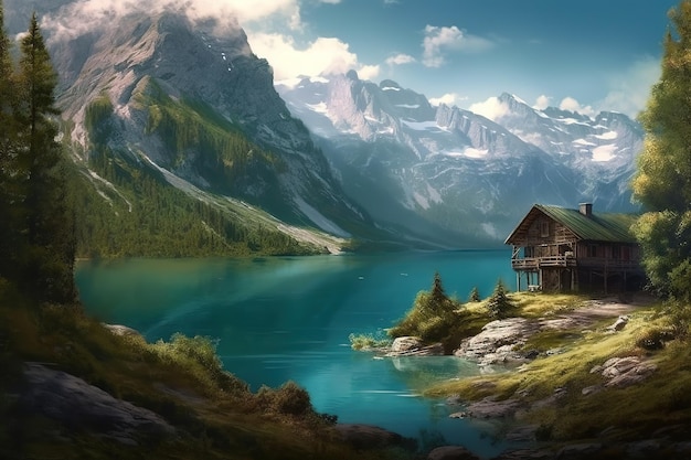 une photo d'une cabane en rondins avec des montagnes au loin et un lac devant