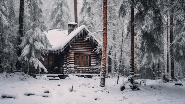 Une photo d'une cabane rustique en bois dans une forêt enneigée à lumière diffuse et douce