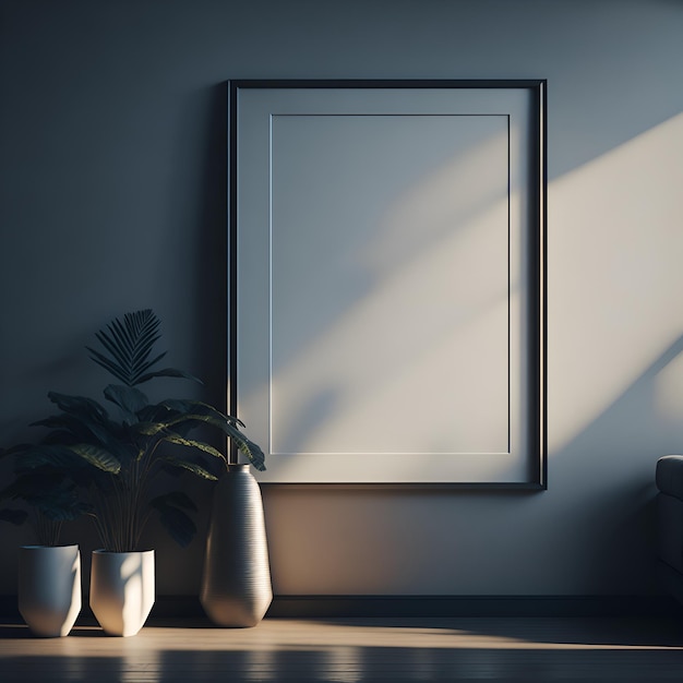 Une photo d'un cadre et de plantes en pot sur un mur