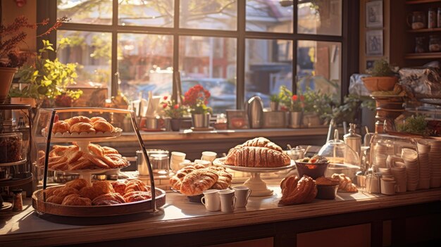 Une photo d'un café confortable avec un affichage de pâtisseries fraîchement cuites à la lumière ambiante chaude