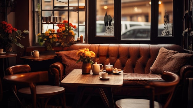 Une photo d'un café confortable avec un éclairage intérieur chaud brun terreux et orange