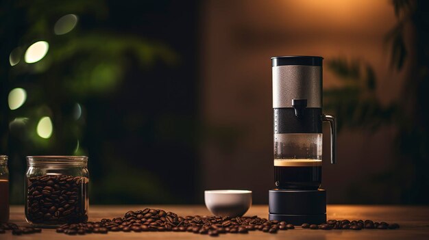 Une photo d'une cafetière AeroPress et de grains de café