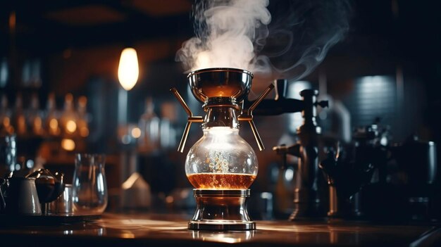 Une photo d'une cafetière à siphon en action