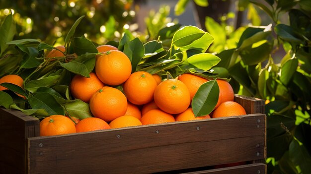 Une photo d'une caisse d'oranges fraîchement récoltées dans une ferme