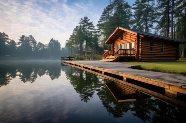 Photo calme du matin du quai de la cabane en bois se reflétant sur le lac