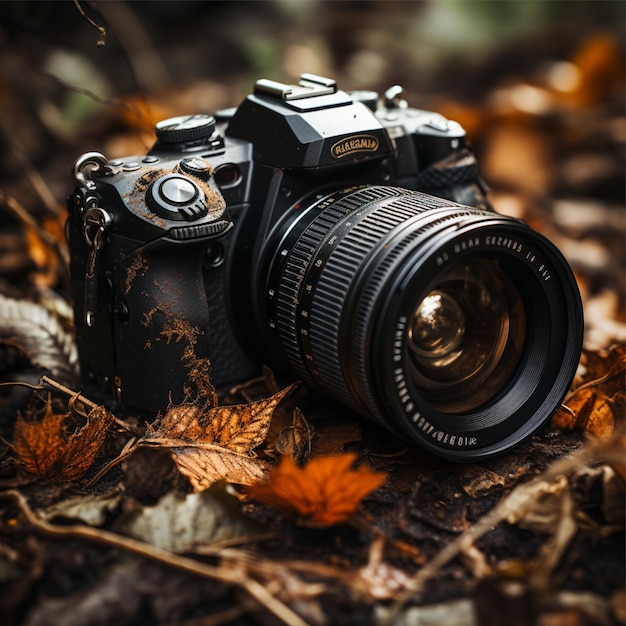 Photo de caméra noire sur un tas de feuilles sèches