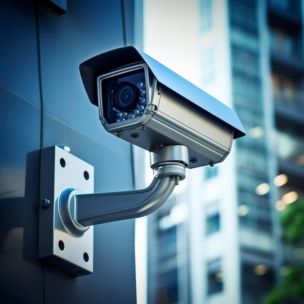 photo d'une caméra de surveillance surveillant un bâtiment commercial