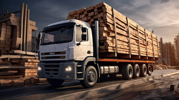 Une photo d'un camion de construction transportant des matériaux de construction