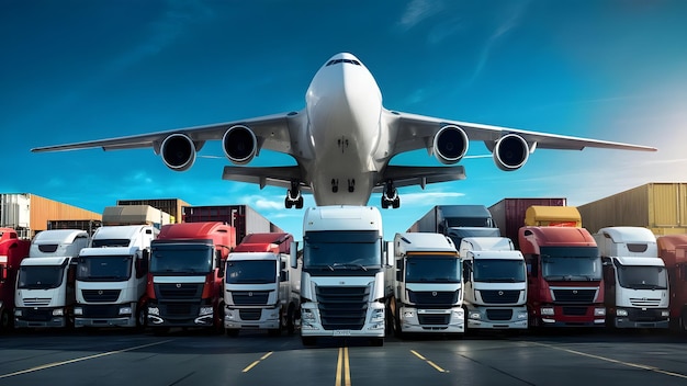 Photo de camions de transport de différentes tailles prêts à être expédiés avec un avion de transport