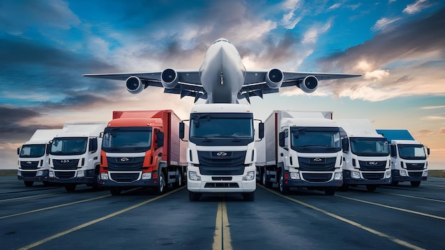 Photo photo de camions de transport de différentes tailles prêts à être expédiés avec un avion de transport