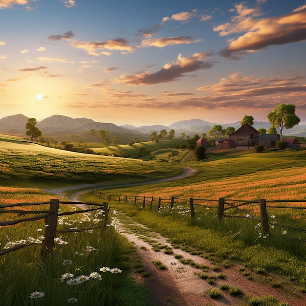 Une photo d'une campagne paisible avec des collines lumineuses de l'heure d'or