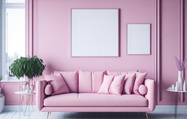 Photo canapé dans un intérieur de salon dans un style moderne avec des murs peints en rose rendu 3d