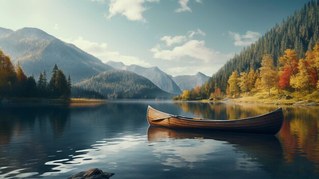 Une photo d'un canoë sur un lac de montagne calme