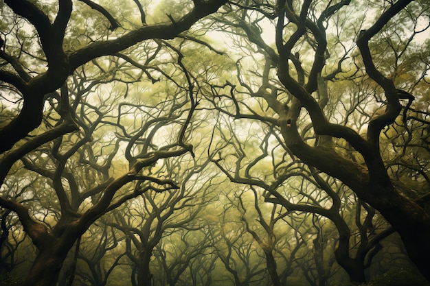 Une photo d'une canopée d'arbres capricieuse