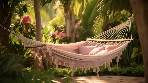 Une photo captivante d'un hamac de relaxation dans un jardin de spa