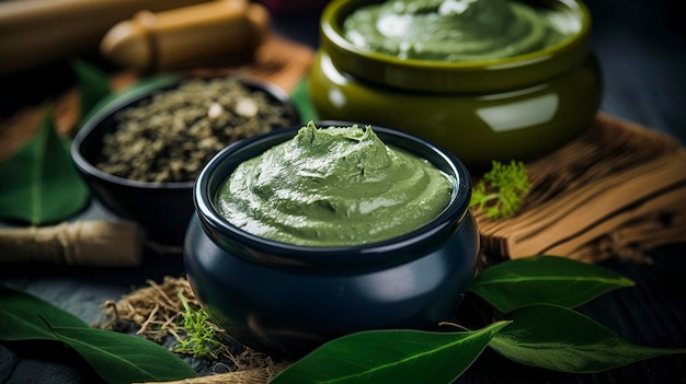 Une photo captivante de masques au thé vert utilisés pour la désintoxication de la peau