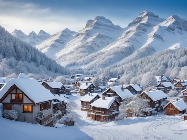 Une photo captivante montrant une pittoresque ville recouverte de neige avec de belles petites maisons