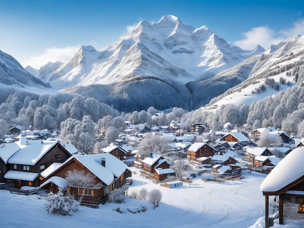 Une photo captivante montrant une pittoresque ville recouverte de neige avec de belles petites maisons