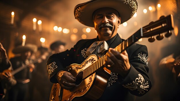 Une photo captivante de musiciens de mariachi en tenue traditionnelle se produisant avec passion et énergie