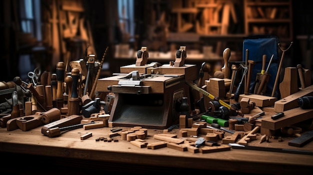 Une photo captivante d'outils et de matériaux de travail du bois représentant la menuiserie et l'artisanat