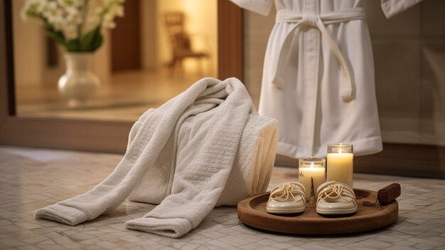 Une photo captivante d'un peignoir de spa et de chaussons confortables