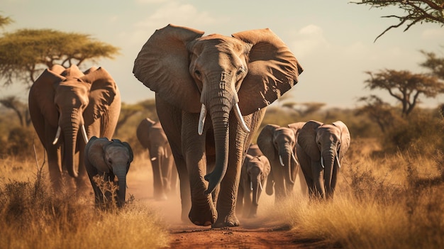 Une photo captivante d'un troupeau familial d'éléphants sauvages marchant ensemble