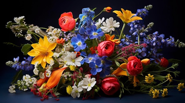 Une photo capturant les couleurs et les formes vives d'un bouquet de fleurs sauvages mixtes